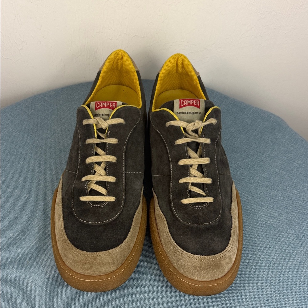 Camper Two-Tone Suede Sneakers in Charcoal, Beige and Brown - Picture 2 of 9
